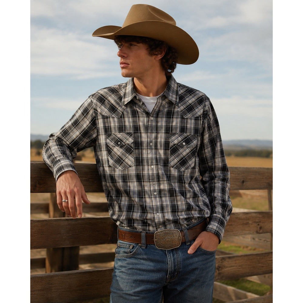 Vtg 90s Ely Cattleman Plaid Pearl Snap Western Shirt L Cowboy Ranchwear Grunge